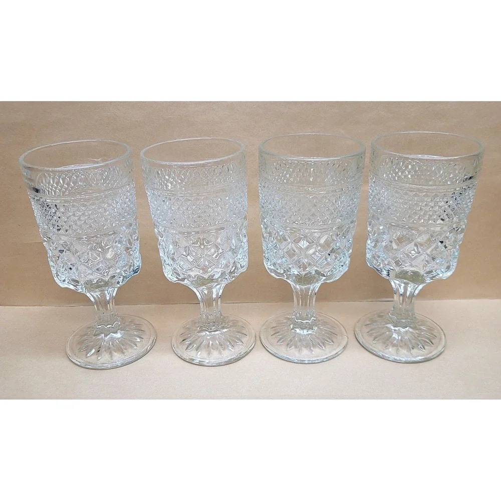 Set of 4 Anchor Hocking Wexford Clear Glass Water Goblets Diamond 6-5/8